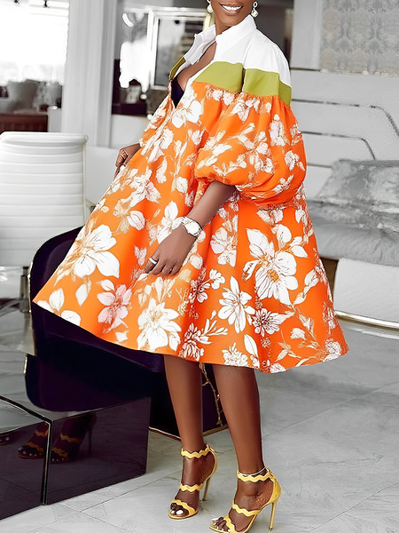 

Casual Color Block Balloon Sleeve Printing Knee Length Dress, As picture, Midi Dresses