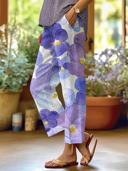 

Women Floral Long Pants Casual Spring/Fall Trousers, Blue purple, Pants