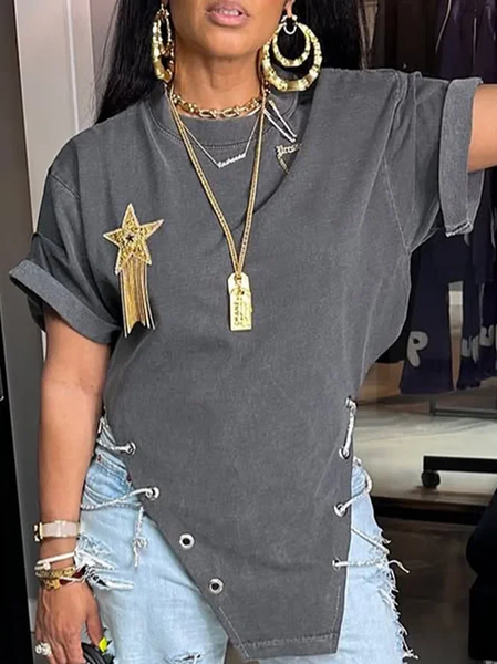 

Plus Size Cotton Casual Plain Chain T-shirt, Gray, Plus Tops