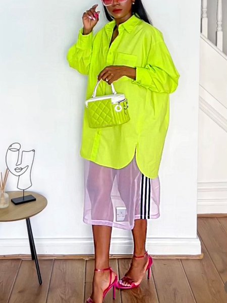 

Urban Color Block Split Joint Shirt Collar Midi Dress With Skirt, As picture, Midi Dresses