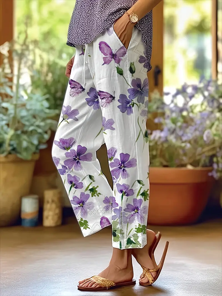 

Women Floral Long Pants Casual Spring/Fall Trousers, White, Pants