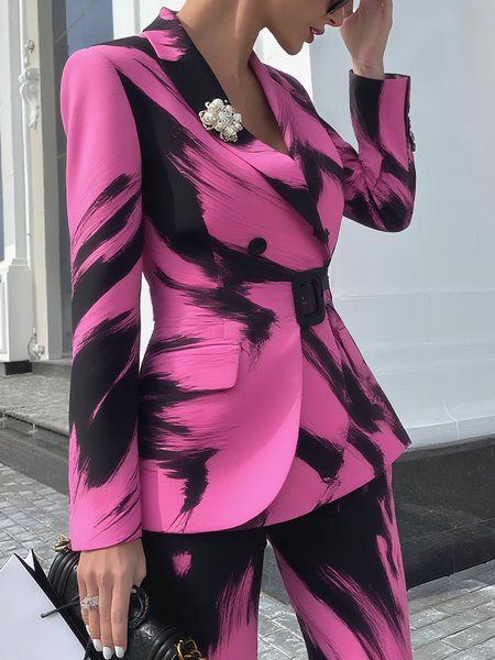 

Elegant Printing Random Print Lapel Collar Blazer With Belt, Black-pink, Blazers