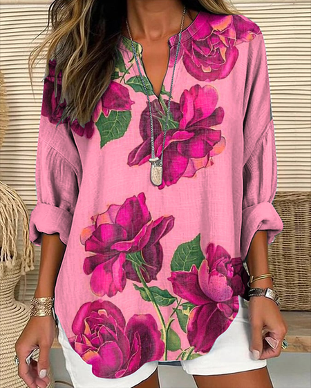 

V Neck Long Sleeve Floral Printing Regular Loose Blouse For Women, Pink, Blouses