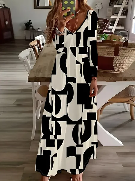 

Women Abstract Long Sleeve Spring/Fall Printing Dress V Neck Daily Casual Maxi H-Line Dress, Black, Casual Dresses