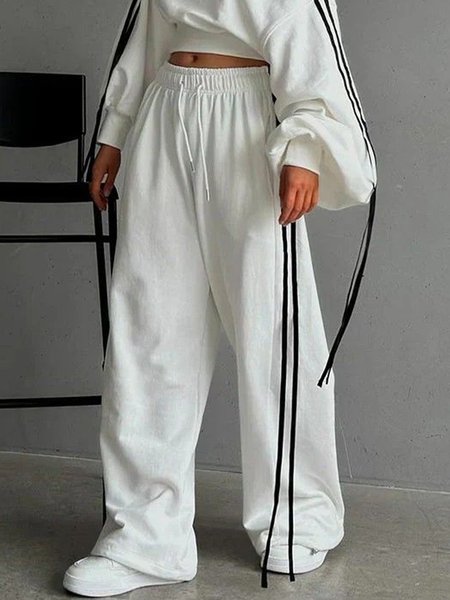 

Casual Color Block Webbing Wide Leg Sweatpants, White, Pants