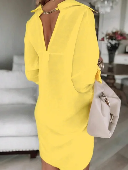

Urban Plain Buttoned Chain Knee Length Dress, Yellow, Midi Dresses