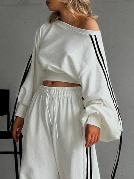 

Casual Color Block Webbing One Shoulder Sweatshirt, White, Hoodies and Sweatshirts