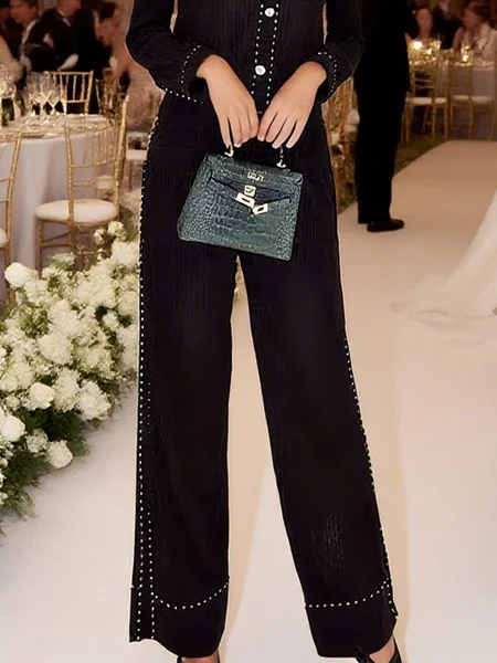 

Casual Color Block Straight Sweater Pants, Black-white, Pants