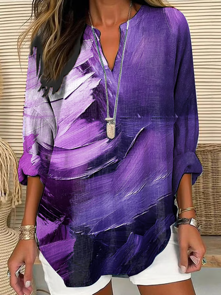 

Women Abstract Long Sleeve Blouse Spring/Fall Printing V Neck Daily Casual Top, Purple, Shirts