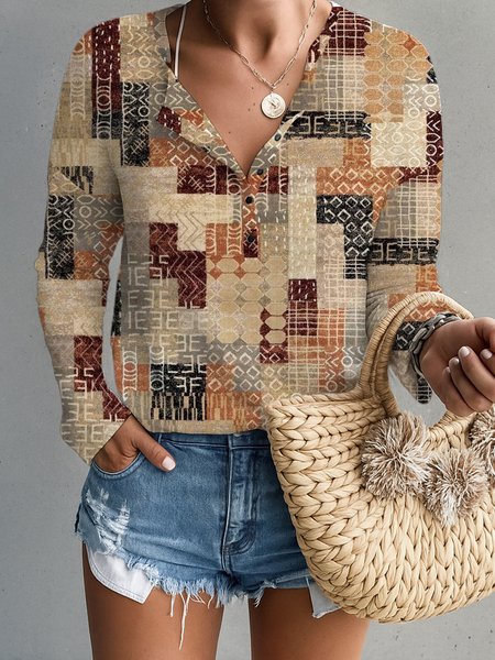 

Women Geometric Long Sleeve Tee T-shirt V Neck Printing Vintage Spring/Fall Top, Color3, T-Shirts