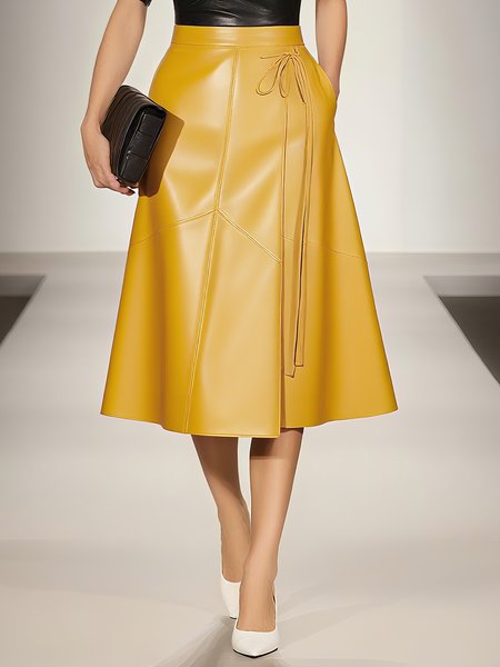 

Urban Lace-up Plain Midi Faux Leather Skirt, Yellow, Skirts