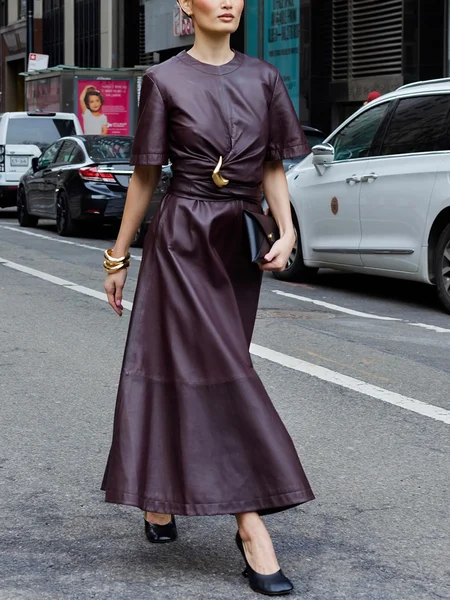 

Elegant PU Grommet Crew Neck Maxi Dress With Belt, As picture, Maxi Dresses