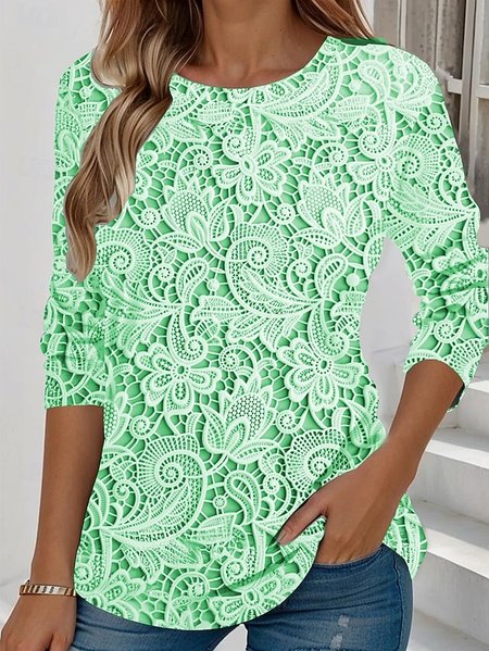 

Casual 3D Floral Printing Crew Neck Long Sleeve T-shirt, Green, T-shirts