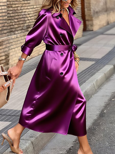 

Elegant Satin Plain Lapel Collar Trench Coat With Belt, Fuchsia, Trench Coats