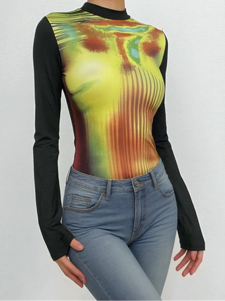 

Urban Abstract Printing Mock Neck T-shirt, As picture, Tees