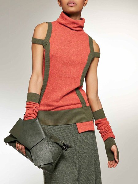 

Casual Color Block Turtleneck Sweater With Separate Sleeves, As picture, Pullovers