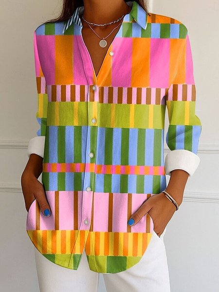 

V Neck Long Sleeve Geometric Regular Micro-Elasticity Regular Fit Shirt For Women, As picture, Shirts