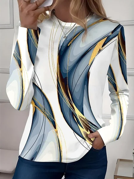 

Casual Color Block Crew Neck Long Sleeve T-shirt, As picture, T-shirts