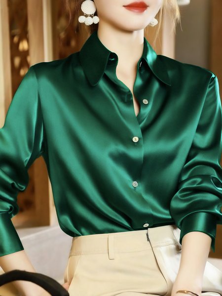 

Satin Urban Plain Buttoned Shirt Collar Shirt, Green, Blouses and Shirts