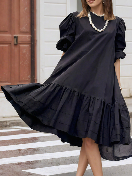 

Urban Plain Puff Sleeve Peplum Midi Dress, Black, Midi Dresses