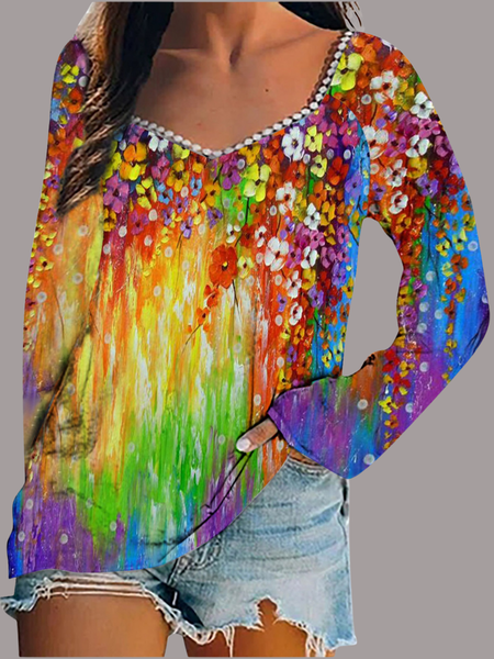 

Women Geometric Long Sleeve Tee T-shirt Square Neck Printing Vintage Spring/Fall Top, Yellow, T-Shirts