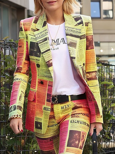 

Urban Printing Newspaper Lapel Collar Blazer, As picture, Blazers