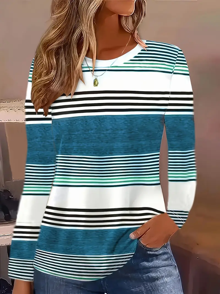 

Women Striped Long Sleeve Tee T-shirt Crew Neck Printing Casual Spring/Fall Graphic Tee Top, Cyan, T-Shirts