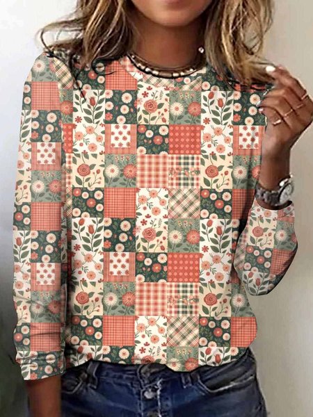 

Vintage Plaid Crew Neck Long Sleeve T-shirt, Apricot, T-shirts