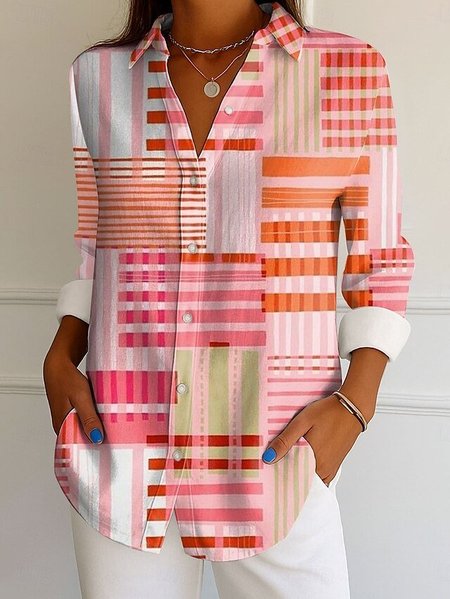 

V Neck Long Sleeve Striped Regular Micro-Elasticity Regular Fit Shirt For Women, As picture, Shirts