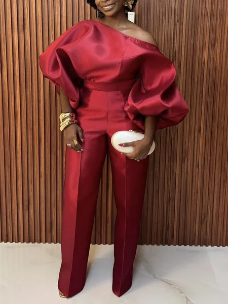 

Urban Puff Sleeve Plain Asymmetrical Jumpsuit, Red, Jumpsuits