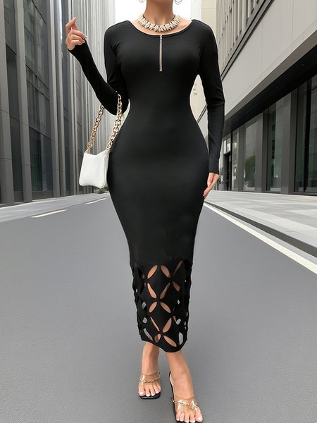 

Urban Plain Devore Zipper Midi Dress, Black, Midi Dresses