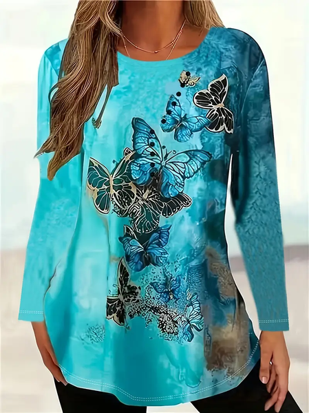 

Women Butterfly Long Sleeve Tee T-shirt Crew Neck Printing Casual Spring/Fall Graphic Tee Top, Cyan, T-Shirts