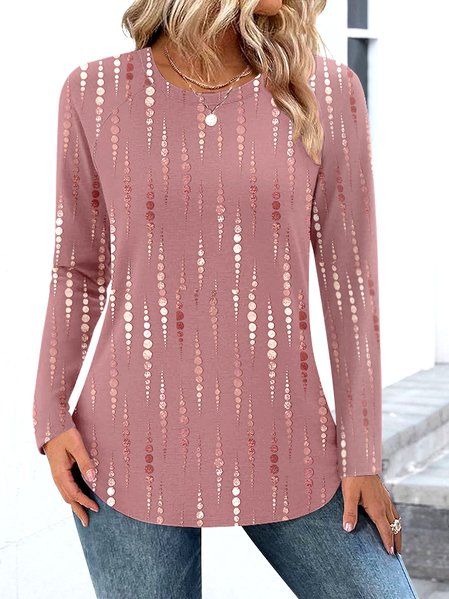 

Casual Color Block Crew Neck Long Sleeve T-shirt, Pink, T-shirts