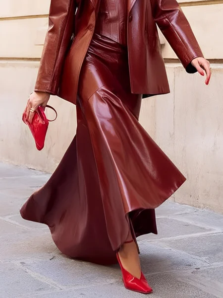 

Urban Irregular Craftsmanship Plain Maxi Faux Leather Skirt, Deep red, Skirts