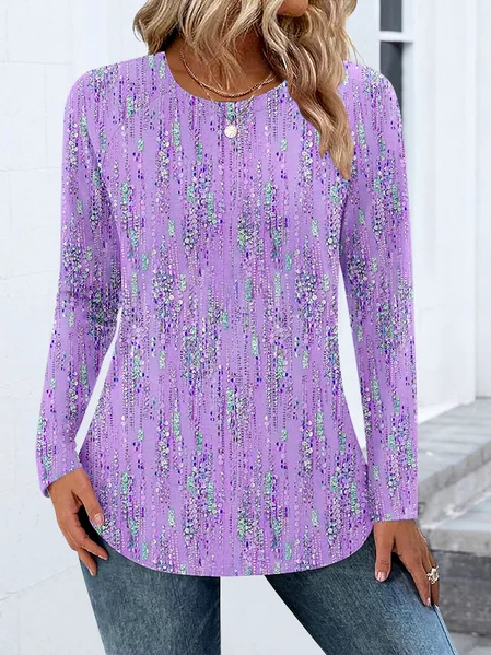 

Casual Color Block Crew Neck Long Sleeve T-shirt, Purple, T-shirts