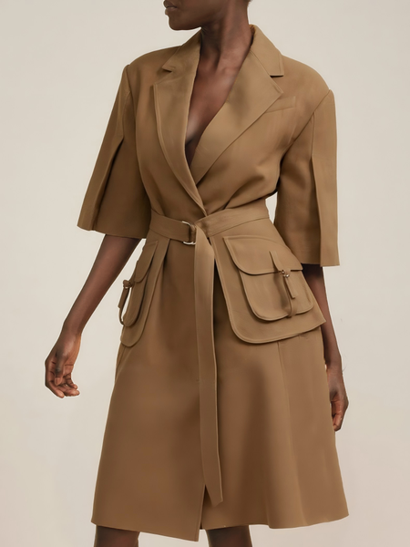 

Urban Plain Lapel Collar Knee Length Dress With Belt, Yellow brown, Midi Dresses