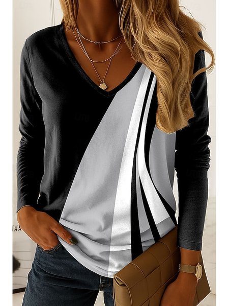 

Casual Color Block V Neck Long Sleeve T-shirt, Gray, T-shirts