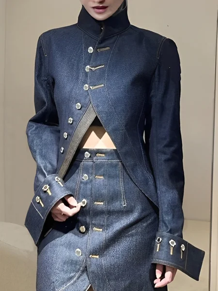 Casual Plain Mock Neck Denim Jacket