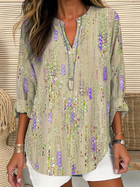 

V Neck Long Sleeve Abstract Printing Regular Loose Blouse For Women, Khaki, Blouses