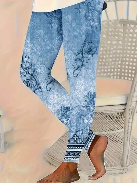 

Women Floral Casual All Season Printing Long Leggings, Blue, Leggings