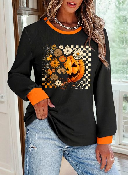

Halloween Jack-O-Lantern Pattern Casual Crew Neck Sweatshirt, Black, Hoodies & Sweatshirts