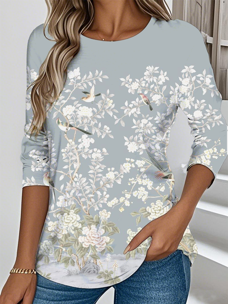 

Casual Floral Crew Neck Long Sleeve T-shirt, Color2, T-shirts
