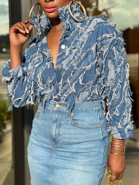 

Casual Plain Shirt Collar Denim Shirt, Denim blue, Blouses and Shirts