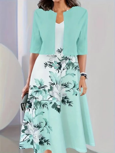 

Women Floral Printing Two-Piece Set Daily Short Sleeve Casual Summer Coat With Skirt Matching Set, Lake blue, Sets