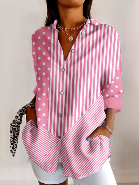 

V Neck Long Sleeve Geometric Regular Micro-Elasticity Regular Fit Shirt For Women, Pink, Shirts