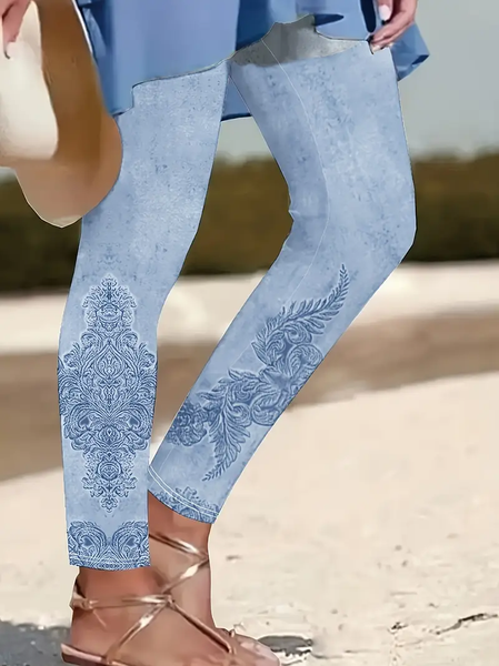 

Women Floral Casual All Season Printing Long Leggings, Blue, Leggings