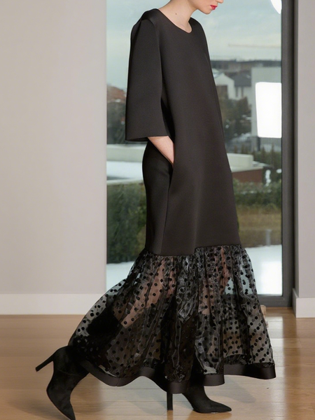 

Elegant Plain Split Joint Crew Neck Maxi Dress, Black, Maxi Dresses