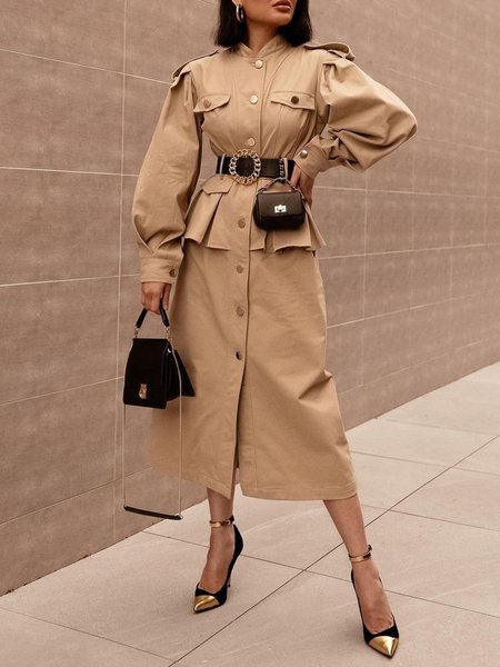 

Urban Plain Buttoned Shirt Collar Midi Dress, Khaki, Midi Dresses