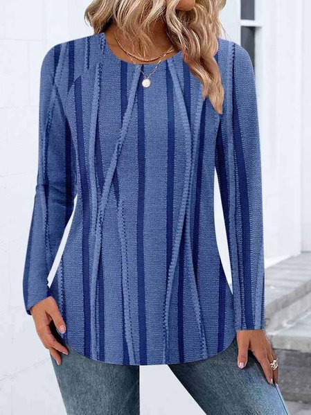 

Casual Color Block Crew Neck Long Sleeve T-shirt, Blue, T-shirts