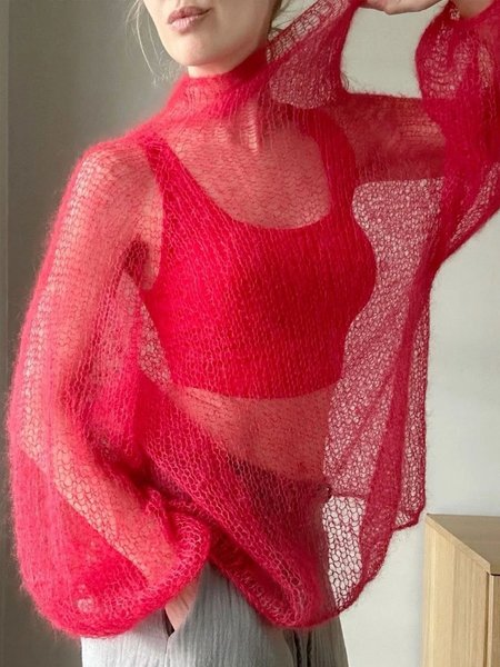 

Casual Plain Turtleneck Balloon Sleeve Sweater, Red, Pullovers